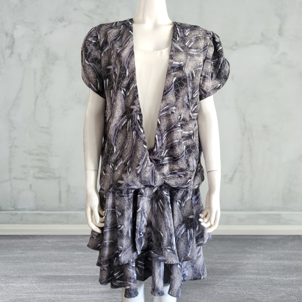 Perceptions VTG 80's Drop Waist Ruffle Tulip Sleeves Bubble Peplum Dress (L-XL)